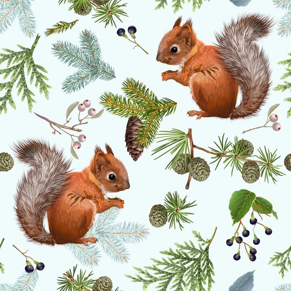 الگوی یکپارچه با شاخه های جنگلی و سنجاب ها بر روی آبی روشن طراحی زمینه بسیار دقیق برای کریسمس سال جدید محصولات جشن مناسب برای بسته بندی کاغذ پارچه بسته بندی