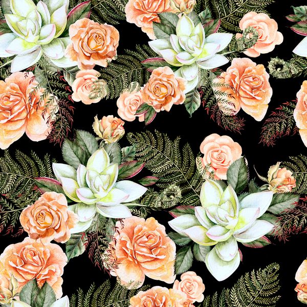 یک الگوی آبرنگ روشن با گل های گل رز و شاداب با برگ و سرخس تصویر