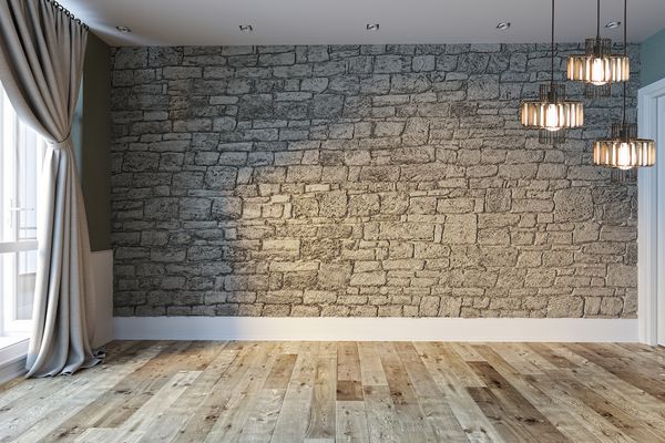 دکوراسیون داخلی اتاق خالی کف چوبی مفهوم دیوار سنگی زمینه تزئینی برای خانه دفتر و هتل رندر سه بعدی