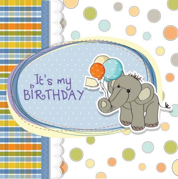 کارت تولد پسر بچه با فیل و بادکنک