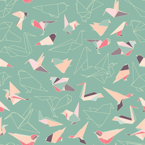 کاغذهای رنگارنگ اریگامی پرنده را با الگوی بدون درز بلع می کنند پرندگان اوریگامی چند رنگ شباهت های اوریگامی اشکال