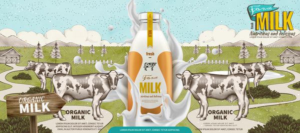 شیر تازه از مزرعه را با مایع پاشیده در تصویر 3 بعدی در زمینه زمین های مزرعه حکاکی شده