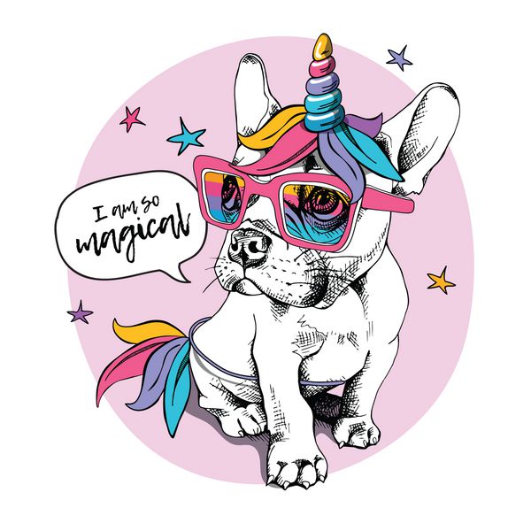 توله سگ بولداگ در یک لباس رنگی روشن از تکشاخ کلاه گیس شاخ و دم تصویر برداری من خیلی جادویی هستم نقل قول نامه پوستر طنز ترکیب تی شرت چاپ سبک دستی