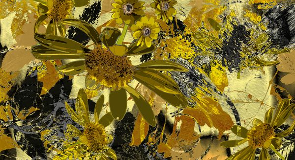 گرافیک هنری و پس زمینه رنگارنگ پاییزی آبرنگ با برگ و گلهای درخشان به رنگهای زرد و سیاه طلایی