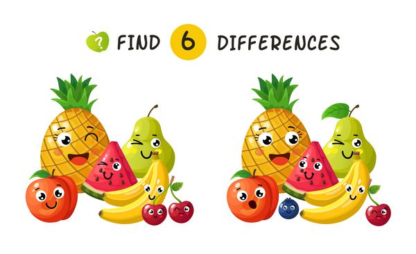 پیدا کردن تفاوت کودکان با میوه های کارتونی شاد بازی می کنند تصویر برداری برای کتاب بچه ها سیب میوه ای و آناناس آلو و موز توت و گلابی