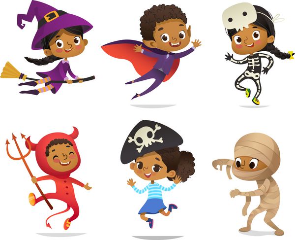 مجموعه پسران و دختران آفریقایی-آمریکایی لباس های هالووین را پوشانده اند که بر روی زمینه سفید جدا شده اند کارتون های وکتور کارتونی جادوگر بچه دزدان دریایی دراکولا شیطان اسکلت مومیایی برای مهمانی وب طلسم