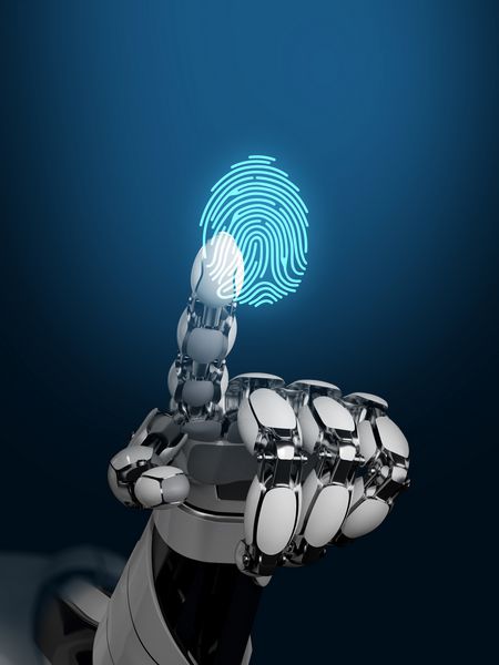 دست ربات که اثر انگشت دیجیتال را لمس می کند مفهوم نرم افزار شناسایی یا احراز هویت تصویر سه بعدی