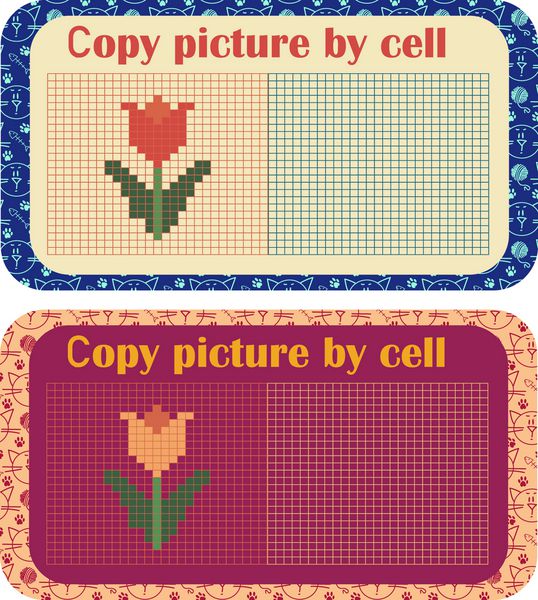 تصویر را توسط سلول ها تکرار کنید یاد بگیرید و بازی کنید بازی برای کودکان پیش دبستانی برای رشد کودک و کارت جلب توجه برای کودکان