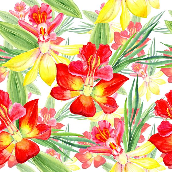 گلها و برگهای آبرنگ را به صورت الگوی یکپارچه می تواند به عنوان تصویر زمینه پارچه پوشش استفاده شود