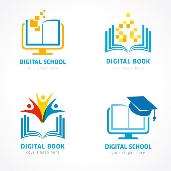 مجموعه الگوی آرم آموزش آنلاین یادگیری آنلاین کتاب باز پیکسل افراد ارتباطی طراحی عناصر آرم آموزش دیجیتال تصویر برداری
