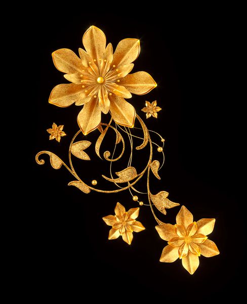 رندر سه بعدی گلهای سبک طلایی فرهای ظریف و براق عنصر پیزلی گوشه تزئینی الگوی