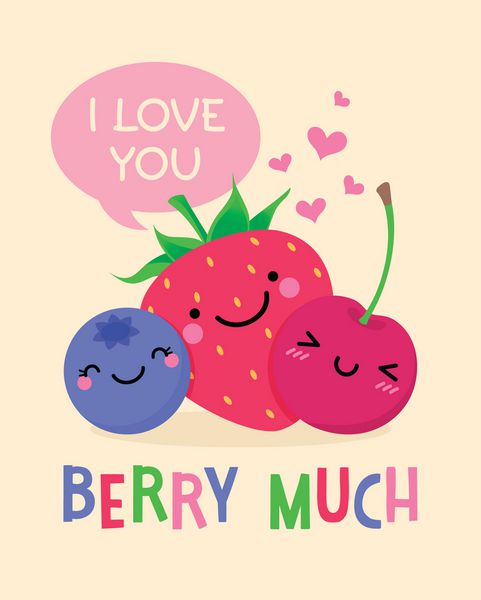 تصویر کارتونی میوه های زیبا با متن من شما را دوست دارم توت زیادی برای طراحی کارت روز ولنتاین
