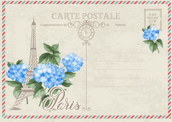 کارت پستال خالی قدیمی با تمبرهای پست و برج ایفل با گلهای بهاری تصویر برداری