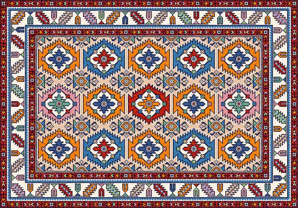فرش رنگارنگ شرقی موزائیک رنگارنگ با زینت هندسی سنتی و نقوش گل فرش طرح دار با قاب مرزی تصویر برداری 10 EPS
