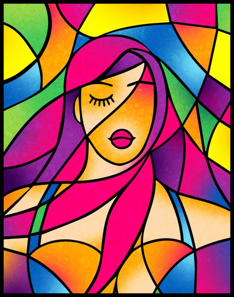 دختر جذاب پرتره دراماتیک با موهای بنفش یک ظاهر طراحی شده در آثار هنری شیشه ای رنگ آمیزی
