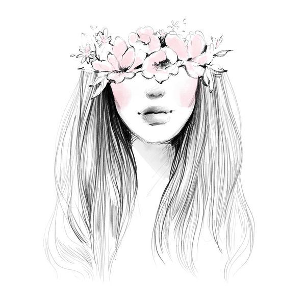 چکیده پرتره چهره زن زیبا با تاج گل در موهای بلند کشیده شده با مداد سیاه و سفید و طرح آبرنگ برای طراحی کارت چاپ مد تصویر هنری