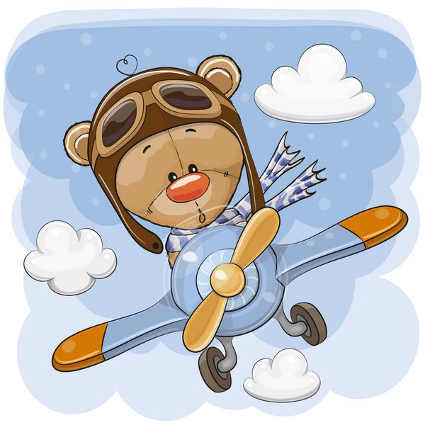 کارتون ناز Teddy Bear با هواپیما در حال پرواز است