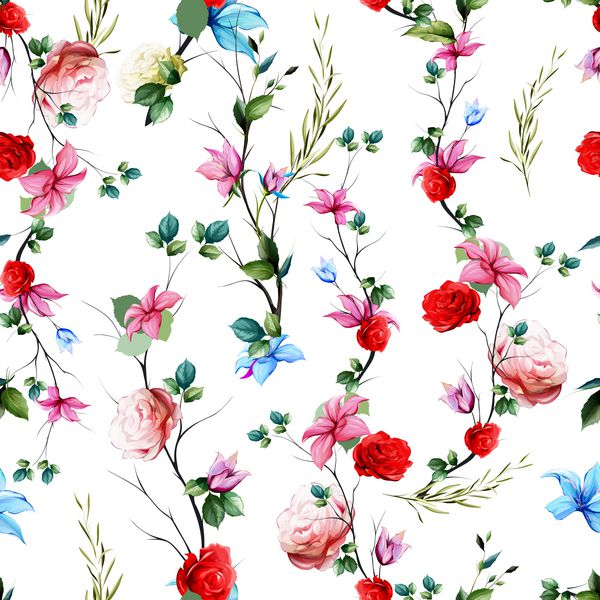 الگوی بدون درز پس زمینه گل گلهای انتزاعی گل رز شاخه هایی با برگهای سفید الگوی پارچه پارچه و دیگر اهداف چاپ کشیده شده با اثر هنری تصویر زمینه بردار
