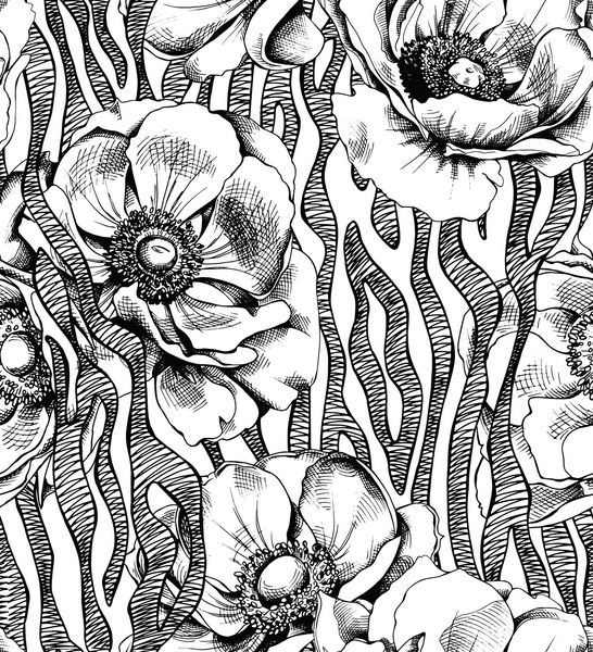 الگوی بدون درز نوارهایی از پوست گورخر و گلهای آنمونی ترکیب پارچه چاپ سبک دستی تصویر برداری سیاه و سفید