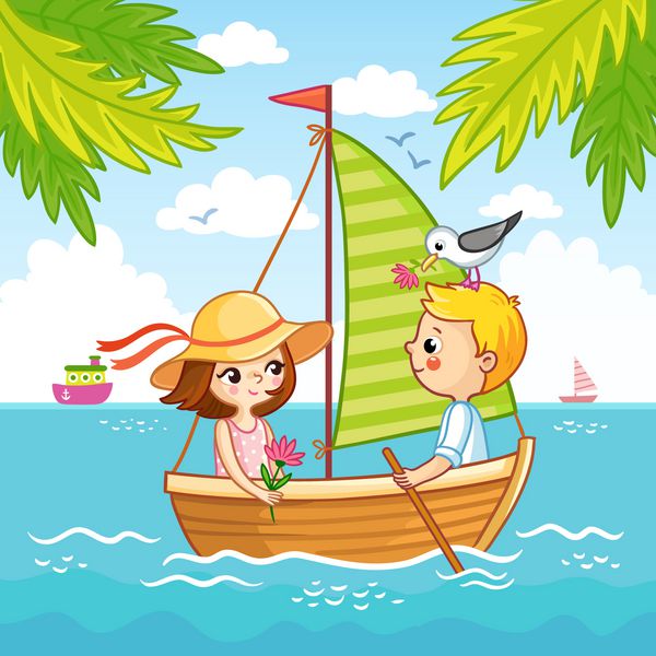 یک پسر و یک دختر در حال قایقرانی با یک قایق بادبانی در دریا هستند تصویر برداری از سبک کارتونی با موضوع تابستانی