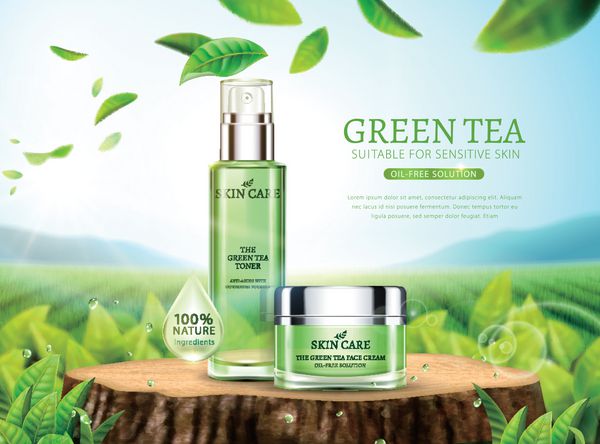 تبلیغات چرم سبز با محصولات قرار داده شده بر روی تنه درخت بریده شده و برگهای پرواز شده در آسمان در تصویر سه بعدی پس زمینه باغ چای بوکه
