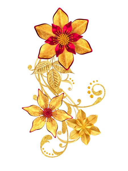 رندر سه بعدی گلهای سبک طلایی فرهای ظریف و براق عنصر پیزلی گوشه تزئینی الگوی جدا شده بر روی زمینه سفید