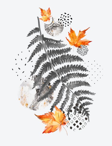 ترکیب مدرن عناصر گل و اشکال هندسی نقاشی برگهای پاییزی آبرنگ با شکل دایره حداقل ابله بافتهای مرمر برای بروشور پاییز هدر بنر طراحی قالب