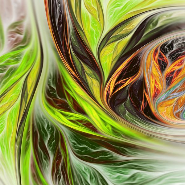 برگهای سبز و نارنجی گرمسیری عجیب و غریب تمرکز نرم هنر فراکتالی دیجیتال رندر سه بعدی