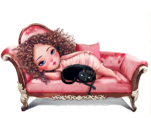 کارتون دختر با گربه روی مبل