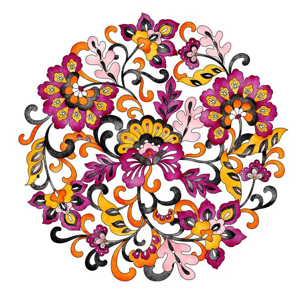 الگوی گل گل ماندالیایی تزئینی طرح آبرنگ رنگی دستی با عناصر طراحی پیزلی