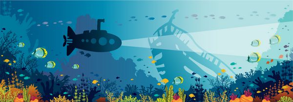 منظره پانوراما در زیر آب با شباهت زیر دریایی صخره های مرجانی رنگارنگ ماهی ها و کشتی غرق شده تصویر برداری طبیعی و زندگی دریایی