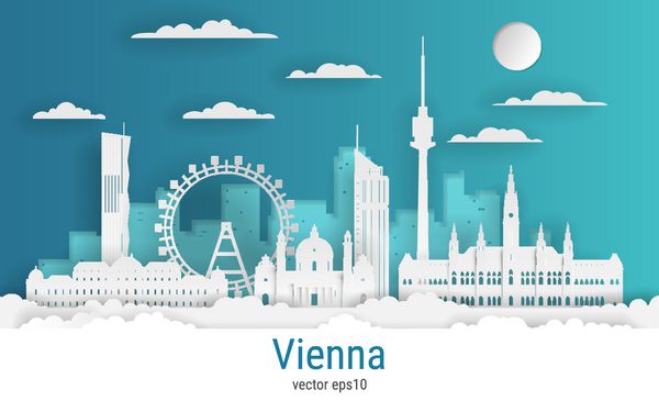 کاغذ سبک برش مقاله شهر وین کاغذ رنگی سفید تصویر برداری سهام منظره شهری با تمام ساختمان های معروف Skyline Vienna ترکیب شهر برای طراحی