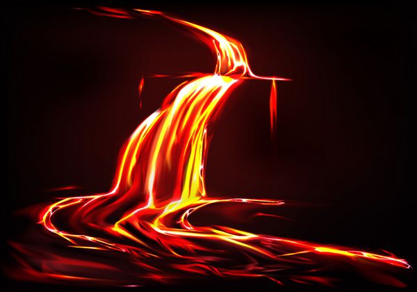 پس زمینه واقع گرایانه وکتور با رودخانه گدازه جریان آتش مایع در تاریکی فوران آتشفشان شعله ور شدن شعله ها فاجعه خطرناک طبیعت ماگما نارنجی درخشان lavafall جهنم جهنمی