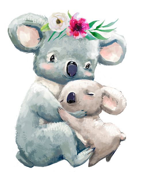 کودک و مادر کوچک koala با تاج گل