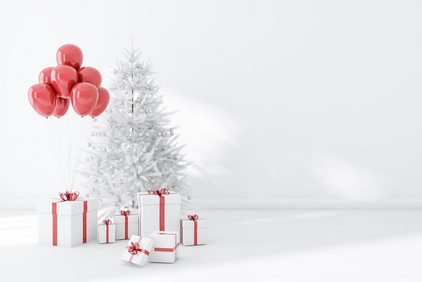 فضای داخلی اتاق خالی دیوارهای سفید با کف سفید و تزئین شده درخت کریسمس هدایا و بادکنک مفهوم فصل تعطیلات فضای کپی رندر سه بعدی