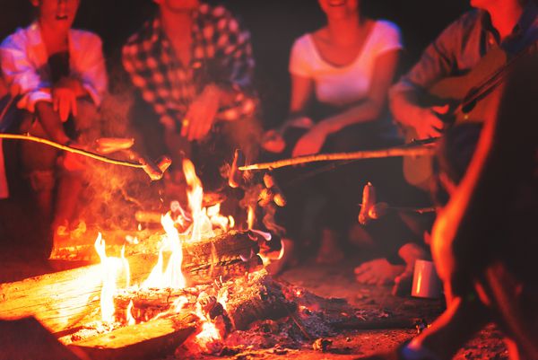 جمعی از دوستان جوان و استراحت و لذت بردن از شب تابستان در اطراف آتش سوزی در ساحل رودخانه