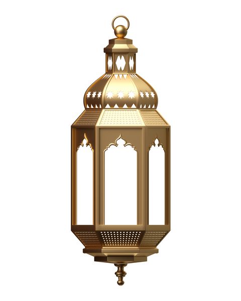 رندر سه بعدی فانوس طلایی چراغ جادویی دکوراسیون عربی قبیله ای طراحی عربی تصویر دیجیتالی شی جدا شده در پس زمینه سفید