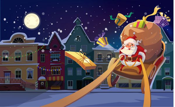 کارت کریسمس پس زمینه کریسمس با سانتا که سورتمه رانندگی می کند و هدایا و هدایایی به شما می دهد شهر شب زمستانی در فضای خالی و متن را کپی کنید