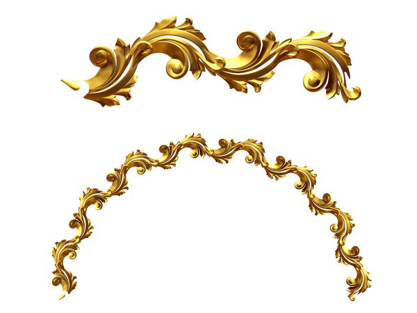 بخش تزئینی طلایی نسخه گرد زاویه چهل و پنج درجه برای گوشه یا دایره تصویر 3D از هم جدا شده است