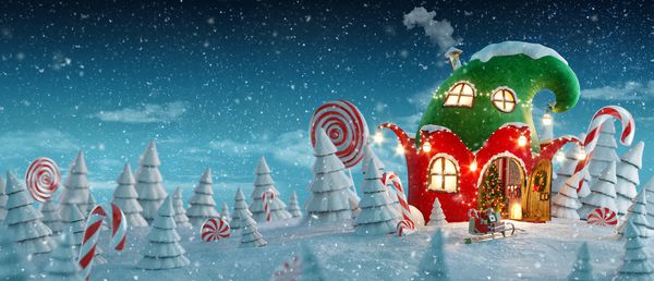 خانه پری شگفت انگیز که در کریسمس به شکل کلاه جن ها با درب باز و شومینه داخل جنگل جادویی تزئین شده است کارت پستال 3D تصویر کریسمس غیر معمول