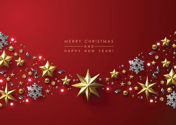 پس زمینه کریسمس قرمز با حاشیه ساخته شده از ستاره های فویل طلا فشرده و برف های نقره ای کارت تبریک کریسمس شیک