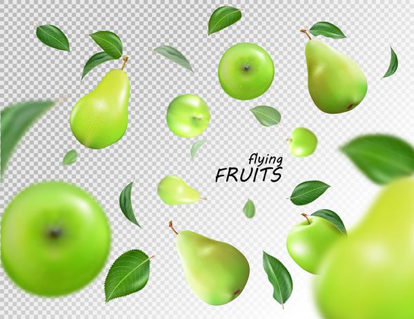 وکتور سیب و گلابی در حال سقوط بر روی زمینه شفاف میوه به عنوان یک کل اشیاء واقع گرایانه سه بعدی