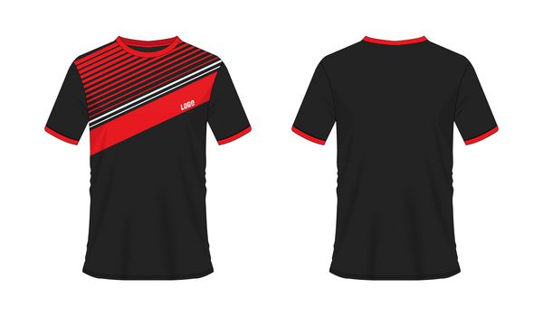 تی شرت قرمز یا سیاه فوتبال یا الگوی فوتبال برای باشگاه تیمی با پس زمینه سفید ورزش جرسی تصویر برداری eps 10