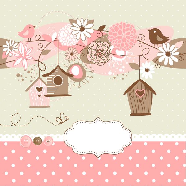 زمینه زیبا بهار با خانه های پرنده پرندگان و گل