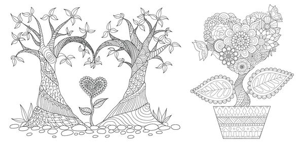 گل و درخت شکل قلب برای کارت ولنتاین دعوت عروسی حکاکی و صفحه رنگ آمیزی برای بزرگسالان تصویر برداری