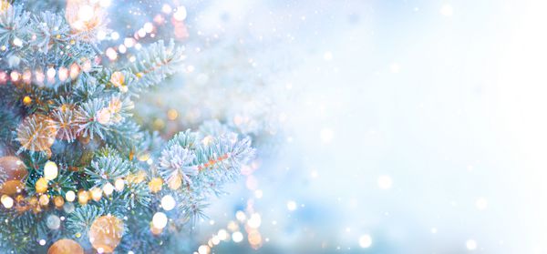 تعطیلات درخت زمستانی که با چراغ های تزئین شده تزئین شده است زمینه برف مرزی دانه های برفی صنوبر آبی کریسمس زیبا و طراحی هنری درخت Xmas سال نو پس زمینه انتزاعی صفحه گسترده آبی