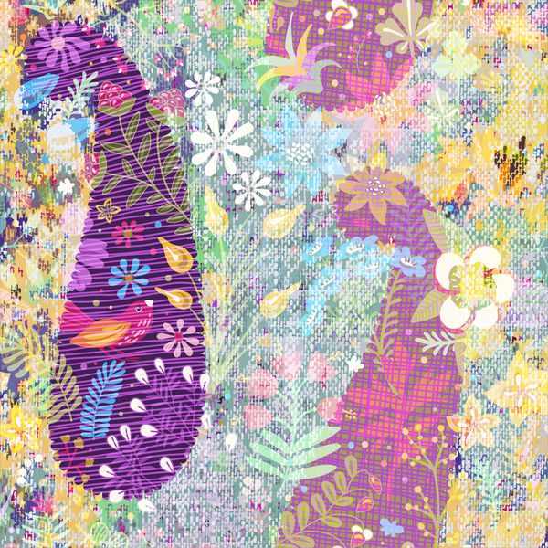 الگوی رنگی انتزاعی رنگارنگ با پیزلی گل ها پرندگان الگوی گل وکتور بافت شلوار جین زمینه طبیعت تزئینی طراحی دکوراسیون منزل پوستر چاپ پارچه کاغذ بسته بندی