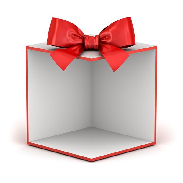 تصویر زمینه جعبه هدیه نمایشگر خالی یا ویترین جعبه اصلی با کمان روبان قرمز جدا شده در زمینه سفید با رندر سه بعدی سایه