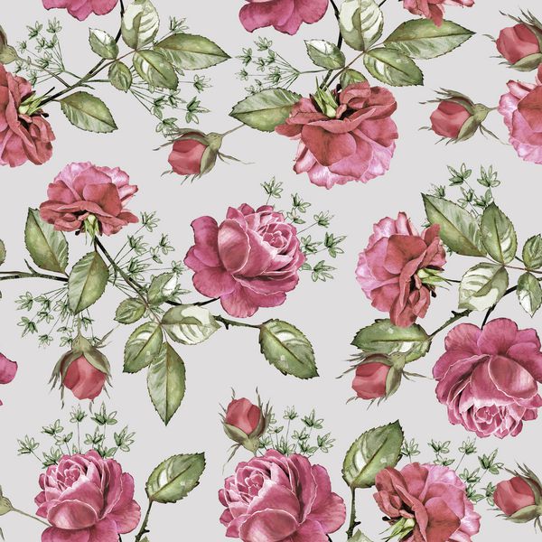 پس زمینه بدون درز با گل و برگ الگوی گل برای کاغذ دیواری کاغذ و پارچه دست آبرنگ نقاشی گل رز مارون