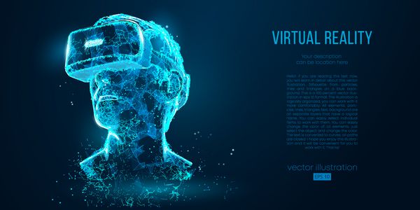 عینک واقعیت مجازی هدست VR کلاه ایمنی طرح بردار هندسی با سیم سیم کم طرح کوتاه ذرات خطوط و مثلث ها در زمینه آبی چراغ نئون
